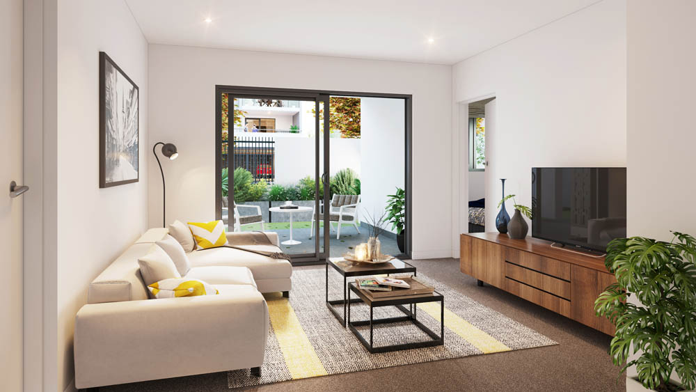 2 Bed Type C1 - Apt 75 - Living and Balcony